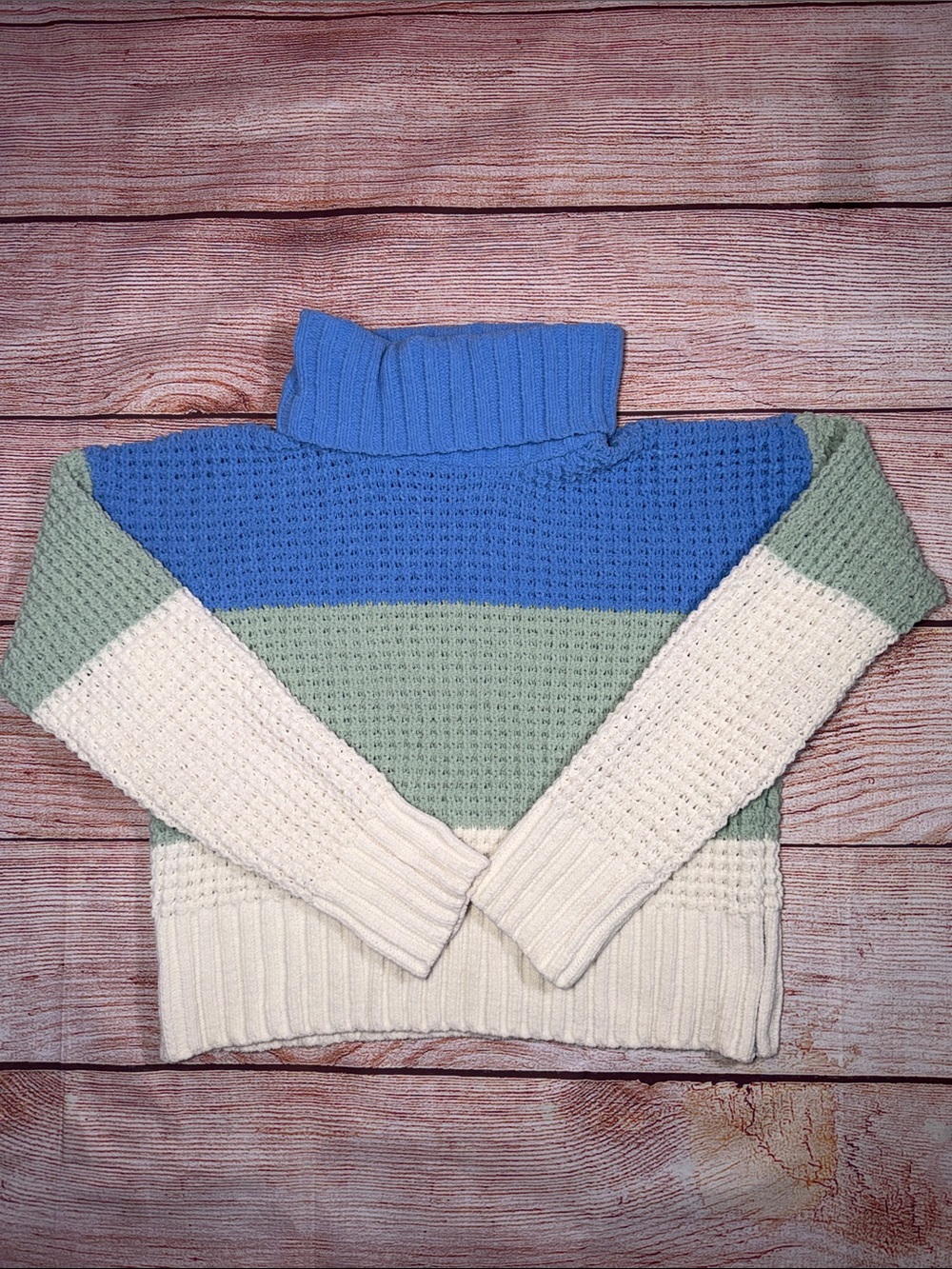 Hippie Rose Women’s XS Blue Green Cream Colorblock Turtleneck Knit Sweater